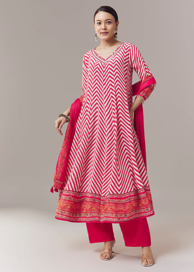 Pink Anarkali Suit In Chevron Print With Mirror Moti And Stone Work And Dupatta