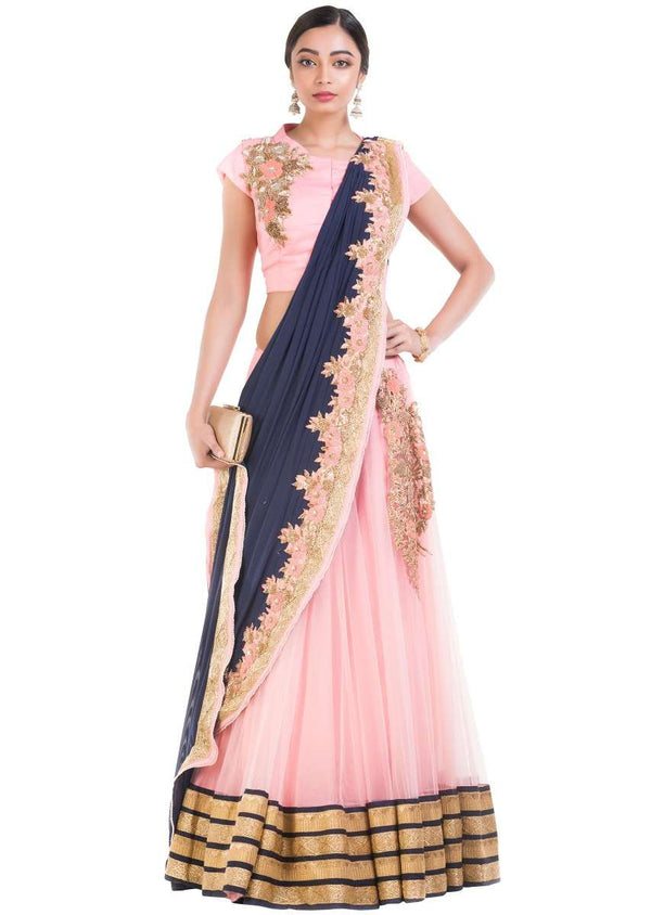 Pink And Blue Drape Lehenga With Attached Dupatta Online - Kalki Fashion