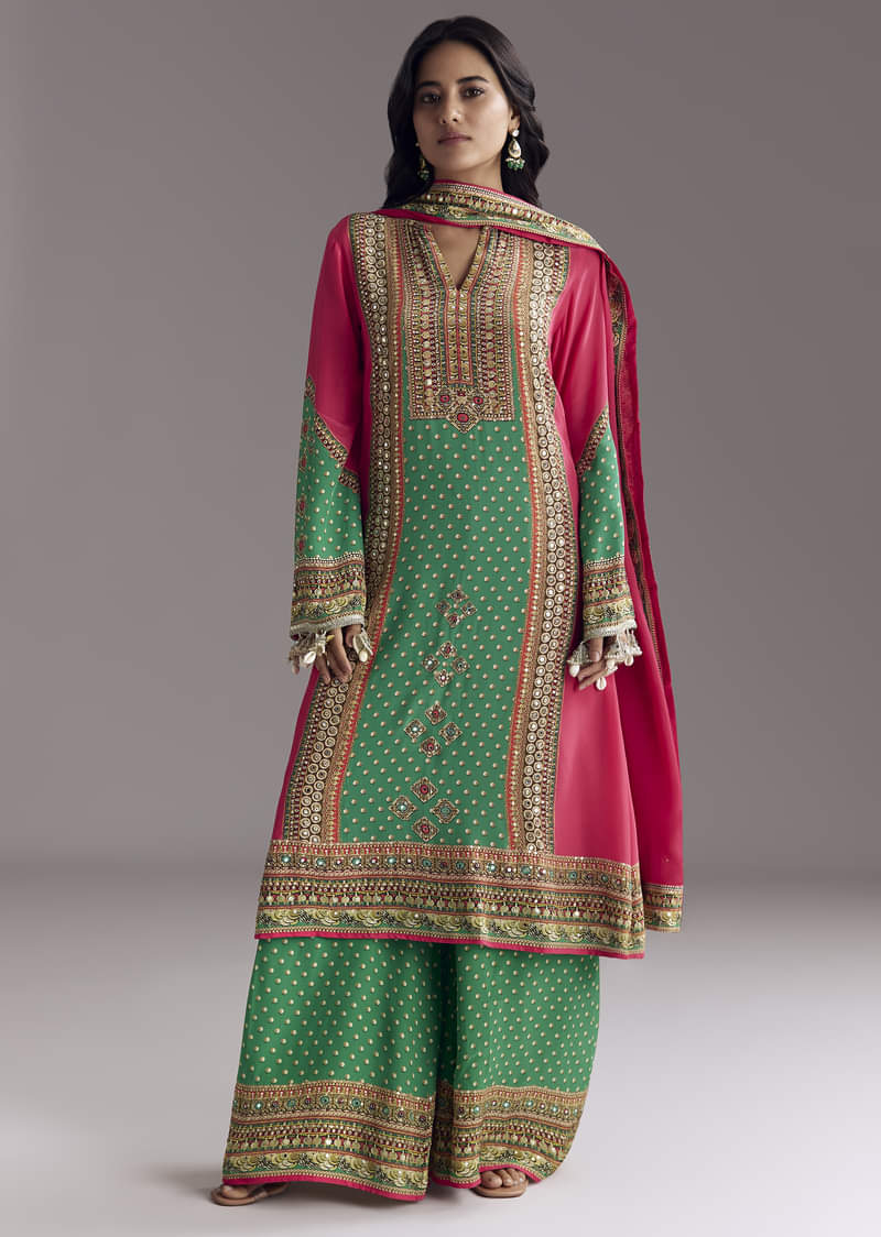 Pink And Green Printed Kurta Palazzo Set