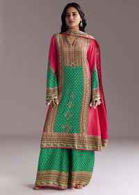 Pink And Green Printed Kurta Palazzo Set