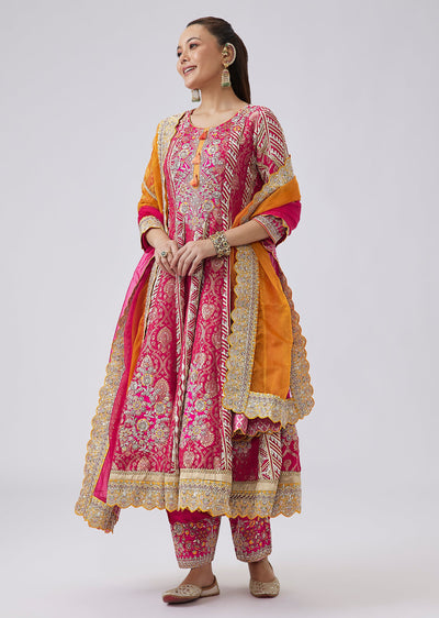 Pink And Orange Sequin And Zari Embroidered Anarkali With Pant
