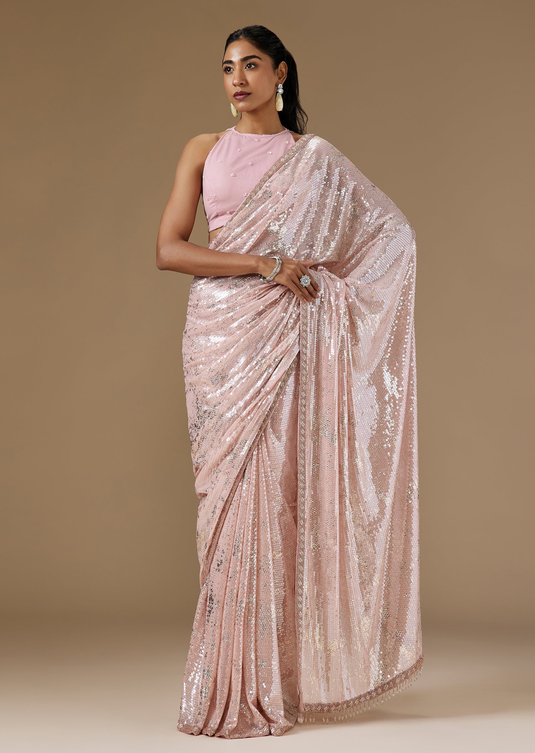 Pink And Silver Sequin Saree With Cut Dana Embellished Border