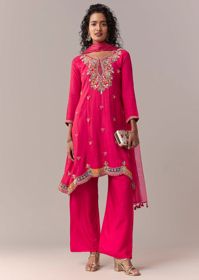 Pink Asymmetric Short Anarkali Set With Dupatta