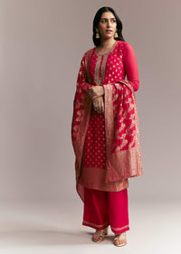 Pink Banarasi Kurta Set with Mirror Work