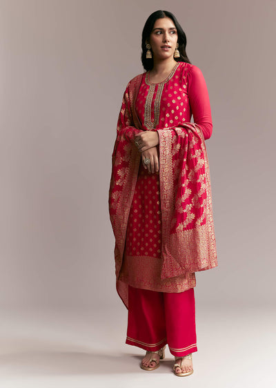 Pink Banarasi Kurta Set with Mirror Work