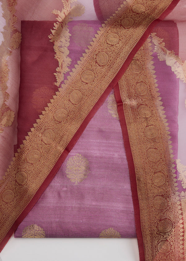 Pink Banarasi Silk Unstitched Suit Set With Dupatta