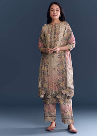 Pink Beige Ombre Crepe Kurta Set With Floral Print