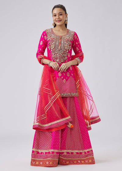 Pink Brocade Palazzo Set With Heavy Zardozi Embroidery