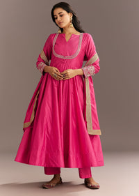 Pink Chanderi Anarkali With Gotta Moti Neckline And Lace Dupatta