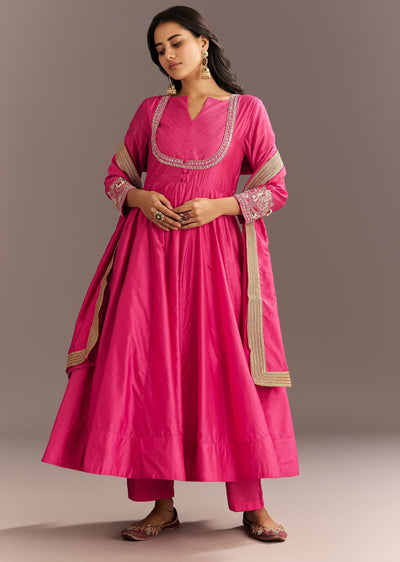 Pink Chanderi Anarkali With Gotta Moti Neckline And Lace Dupatta