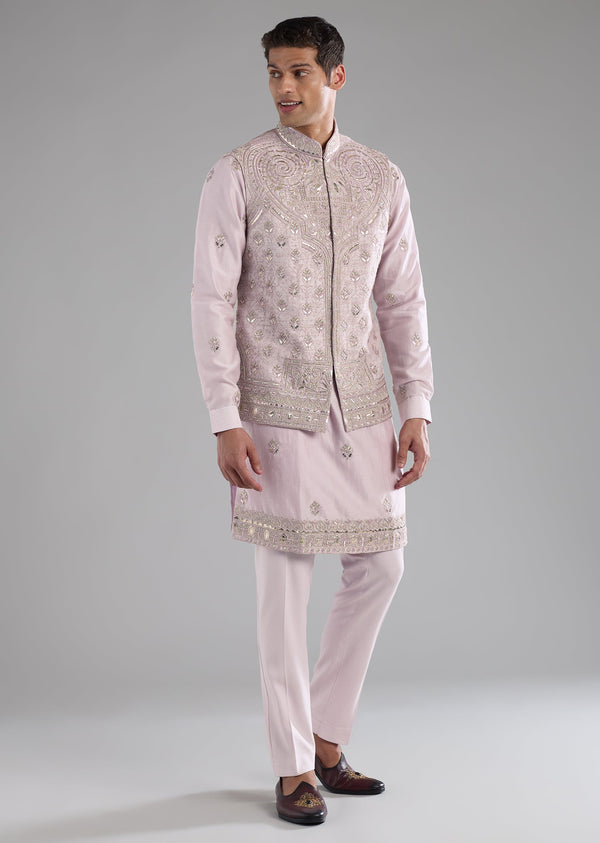 Pink Chanderi Jacket Kurta Set with Resham Work