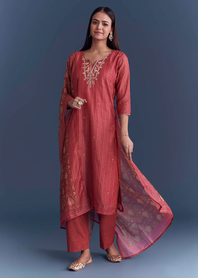 Pink Chanderi Kurta Set With Stripe Print And Gota Work