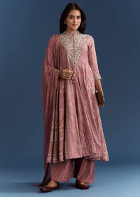 Pink Chanderi Printed Anarkali With Thread Work