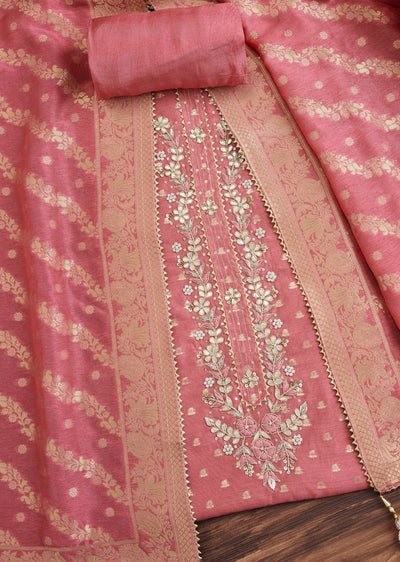 Pink Chanderi Unstitched Suit With Embroidery And Dupatta