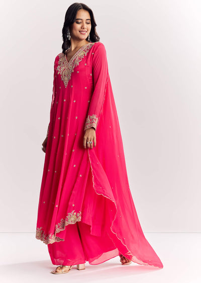 Pink Chinon Anarkali Dupatta Suit With Sequins Cutdana And Moti Work