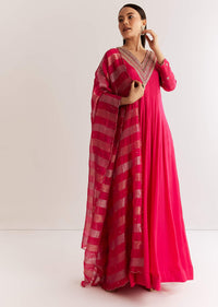 Pink Chinon Anarkali Set With Zardosi Sequins And Cutdana Work