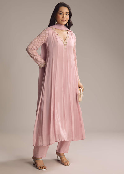 Pink Chinon Anarkali Suit With Cutdana And Sequins Work