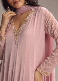 Pink Chinon Anarkali Suit With Cutdana And Sequins Work