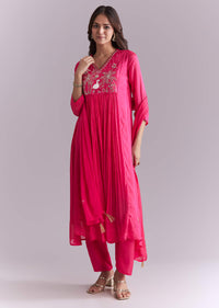 Pink Chinon Anarkali Suit With Moti And Resham Embroidery