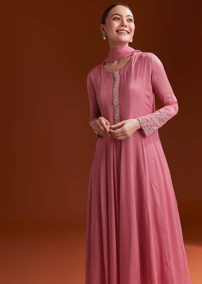 Pink Chinon Anarkali Suit With Moti And Stone Work