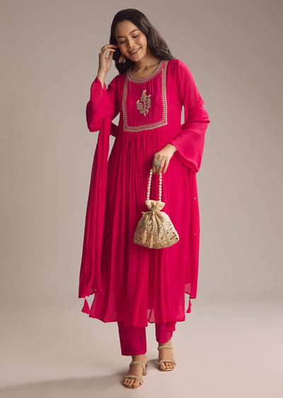 Pink Chinon Anarkali Suit With Zari Work