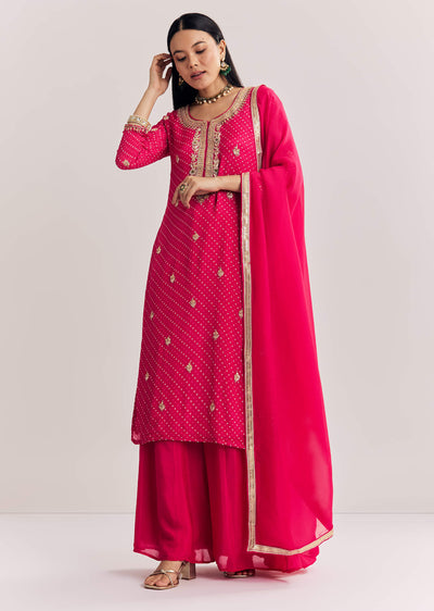 Pink Chinon Bandhani Palazzo Suit