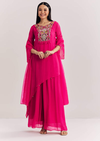 Pink Chinon Asymmetrical Palazzo Suit With Embroidery