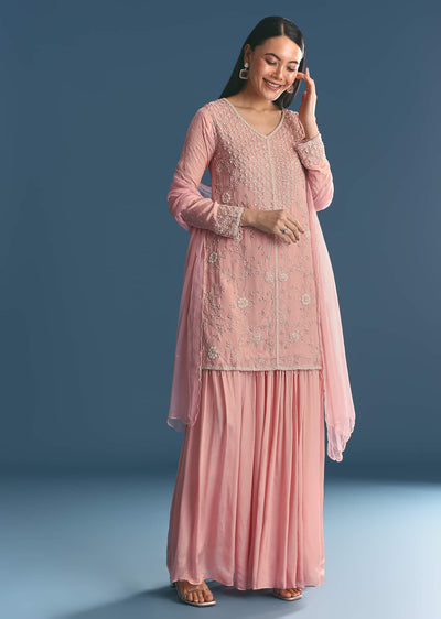 Pink Chinon Kurta Palazzo Suit With Moti And Cut Dana Work