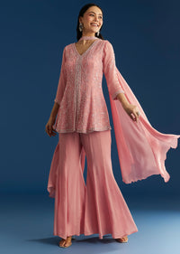 Pink Chinon Kurta Set With Choker Style Dupatta