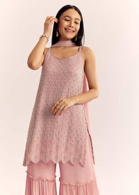 Pink Chinon Kurta Set With Cutdana Moti And Choker Dupatta