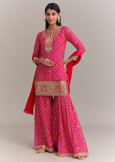 Pink Chinon Leheriya Embroidered Sharara Set