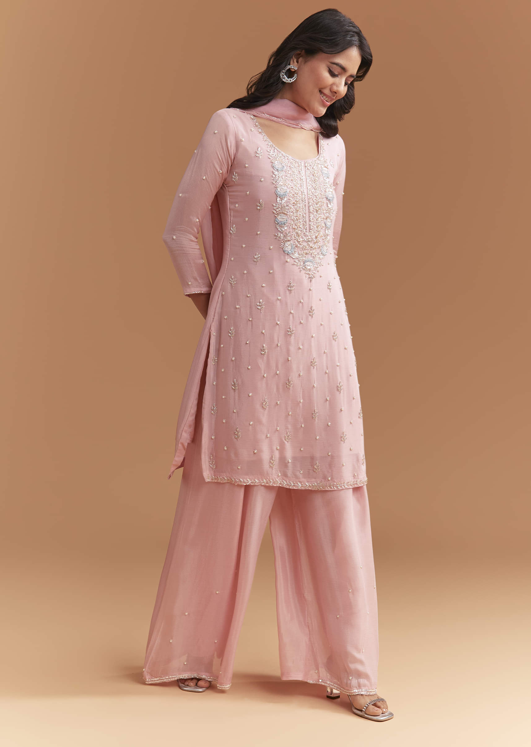 Pink Chinon Palazzo Suit With Cutdana And Sequins Work