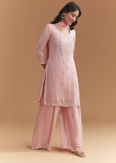 Pink Chinon Palazzo Suit With Cutdana And Sequins Work