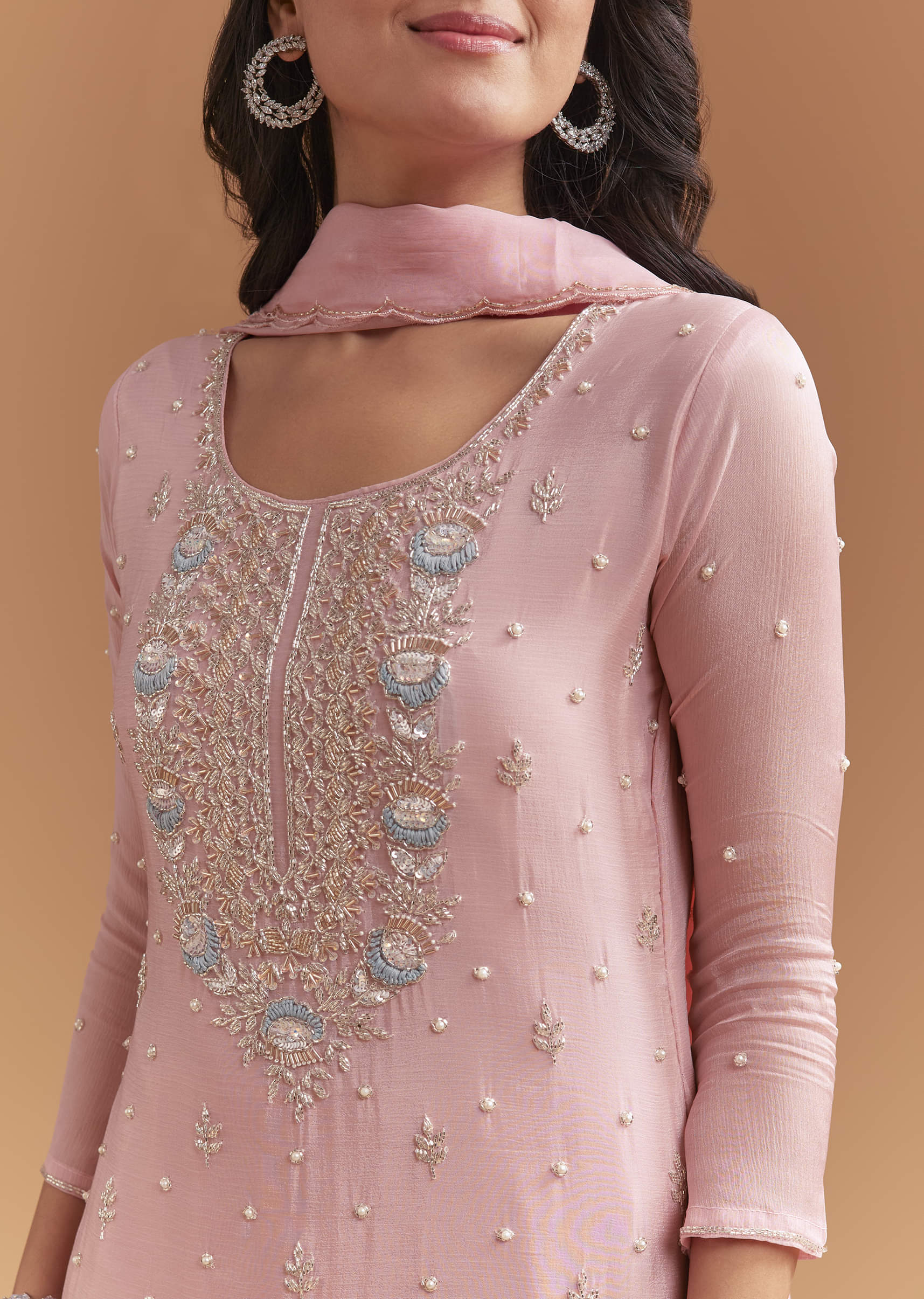 Pink Chinon Palazzo Suit With Cutdana And Sequins Work