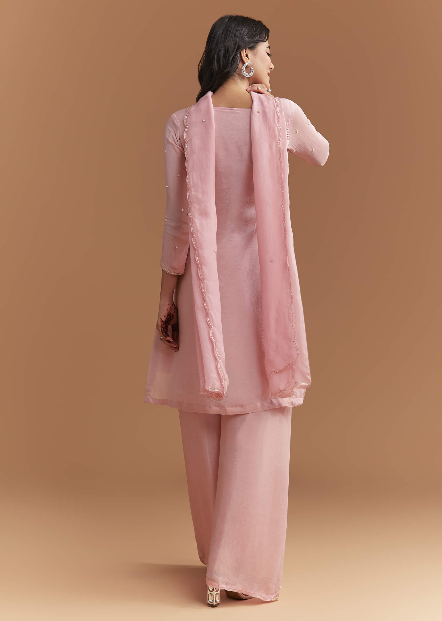 Pink Chinon Palazzo Suit With Cutdana And Sequins Work