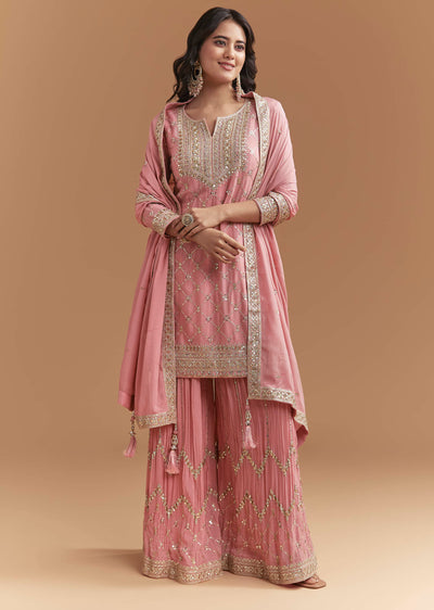 Pink Chinon Palazzo Suit With Intricate Hand Work