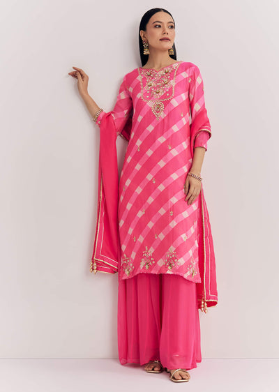 Pink Chinon Palazzo Suit With Zardosi And Thread Work