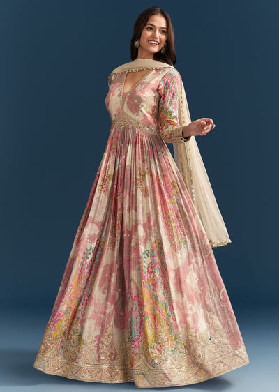 Pink Chinon Printed Anarkali Suit With Festive Flair
