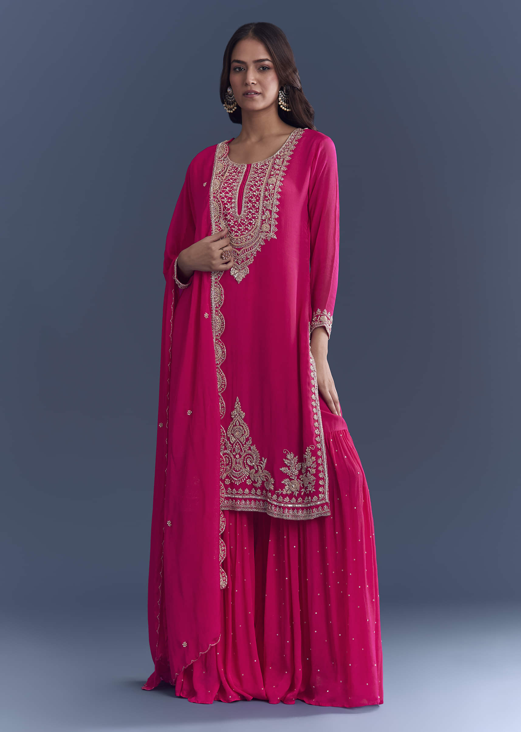 Pink Chinon Sharara Suit With Cutdana And Sequins Embroidery