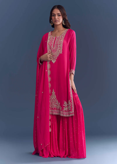 Pink Chinon Sharara Suit With Cutdana And Sequins Embroidery