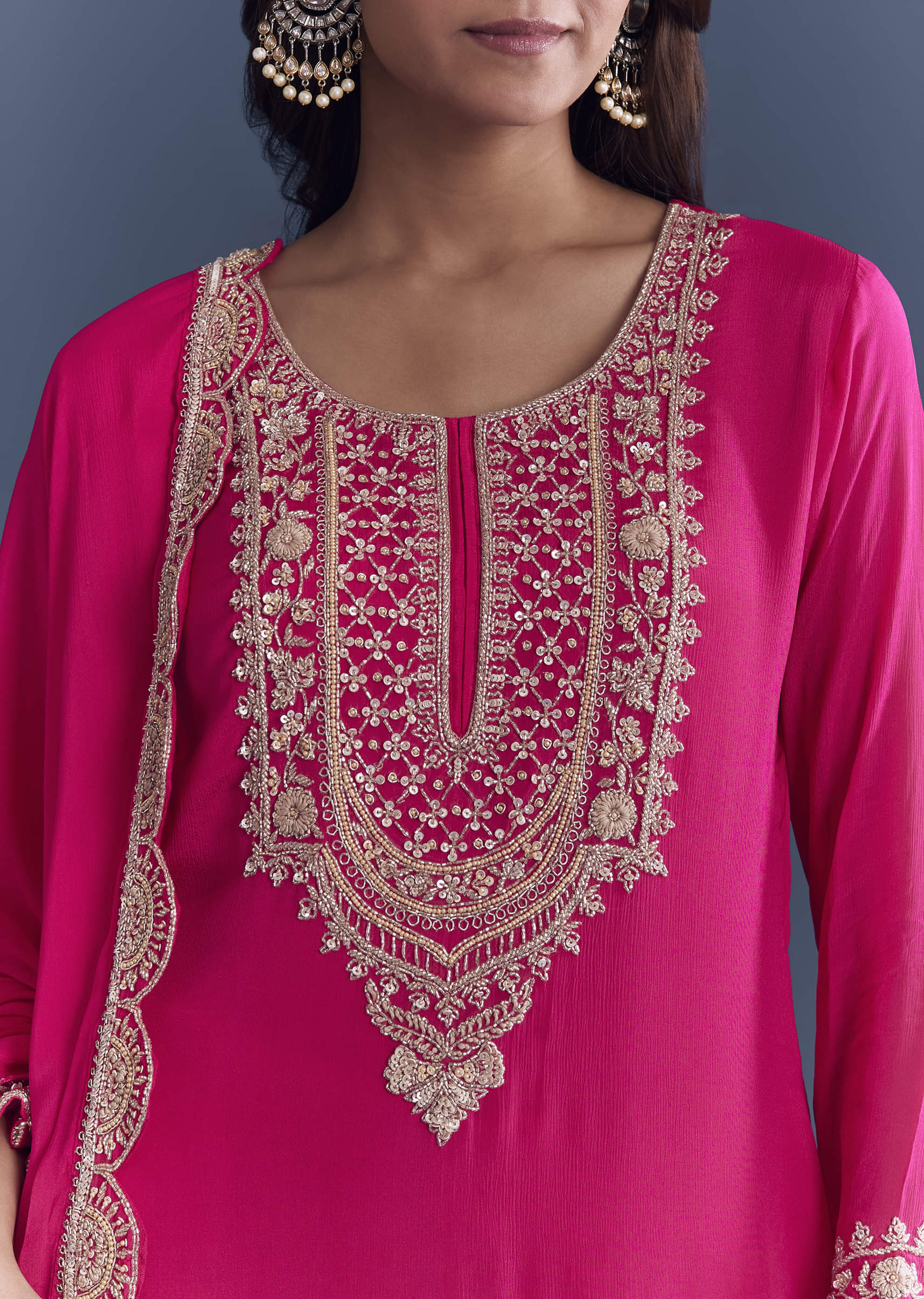 Pink Chinon Sharara Suit With Cutdana And Sequins Embroidery