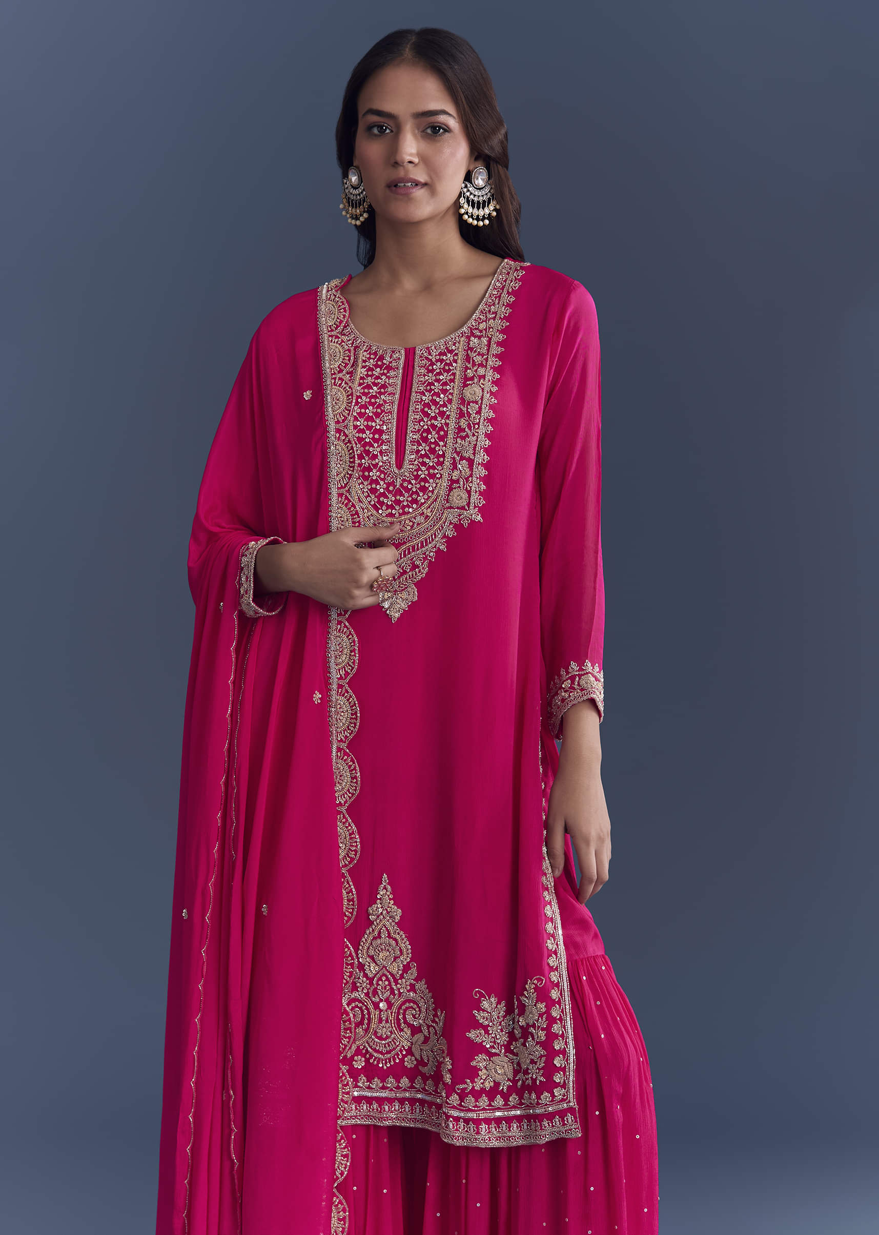 Pink Chinon Sharara Suit With Cutdana And Sequins Embroidery