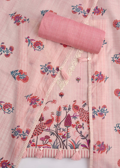 Pink Cotton Embroidered Unstitched Suit Set With Dupatta