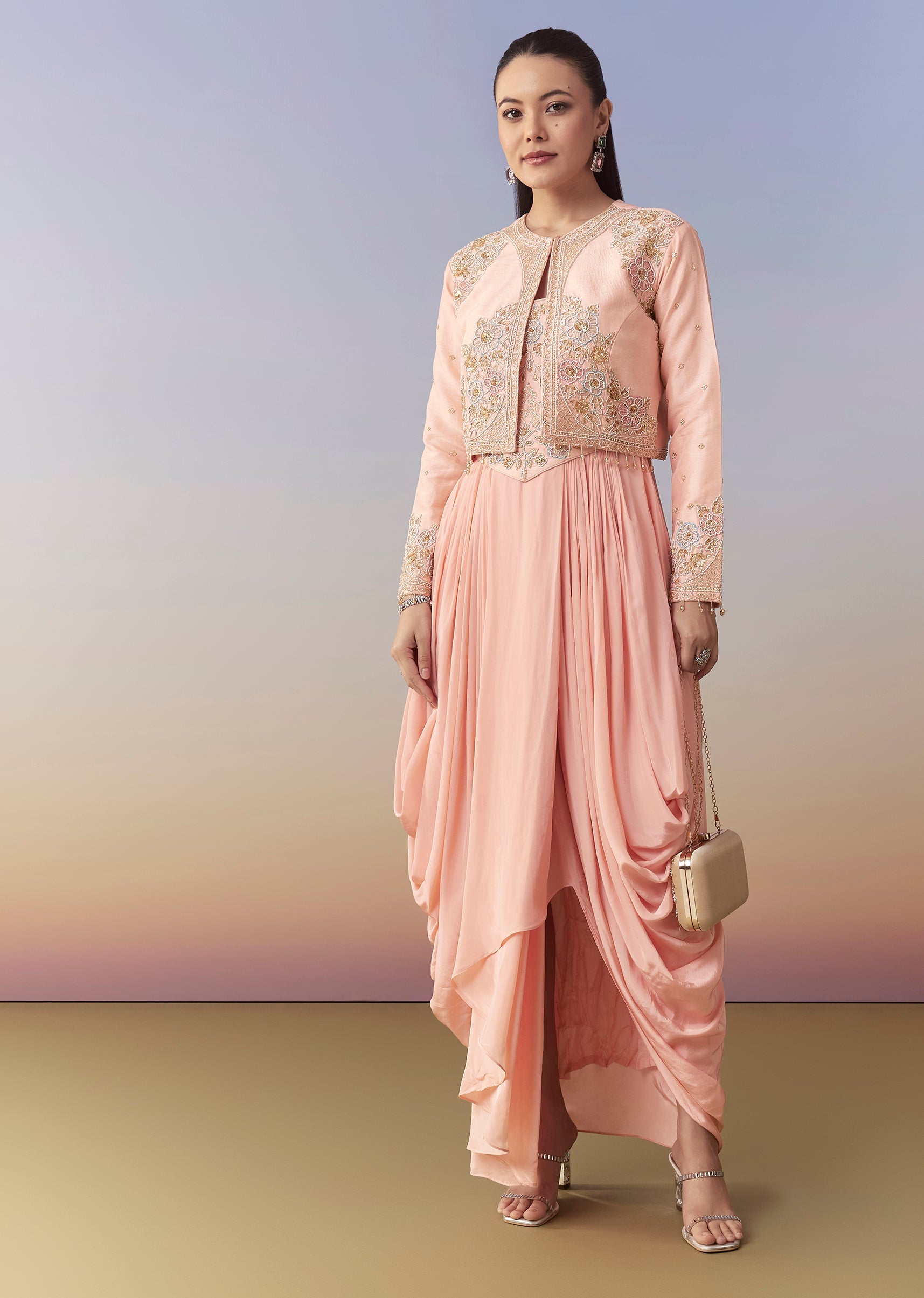 Buy Pink Cowl Draped Gown and Jacket Set | KALKI Fashion USA