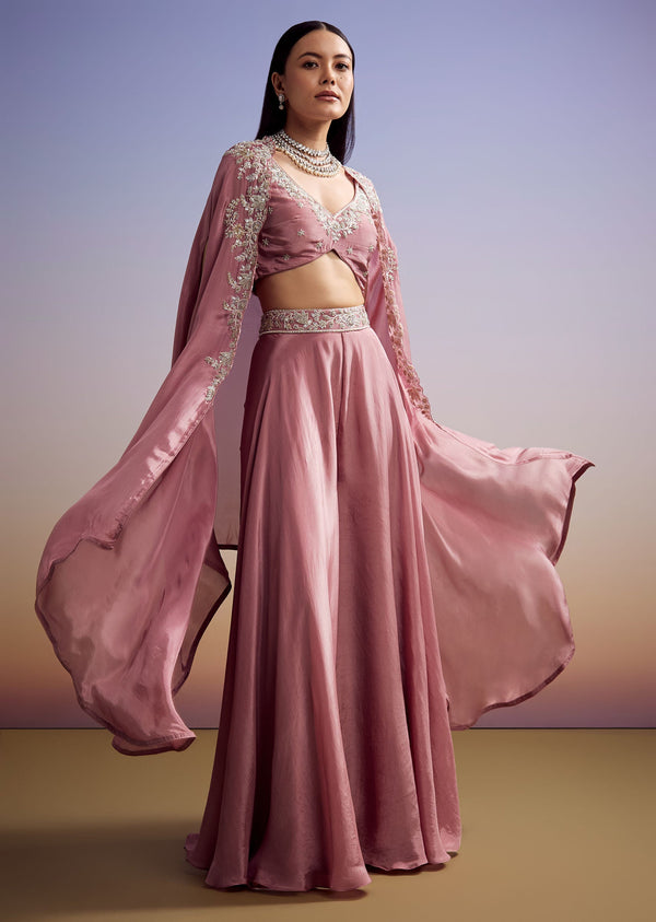 Pink Crepe Crop Top And Cape Set With Embroidery