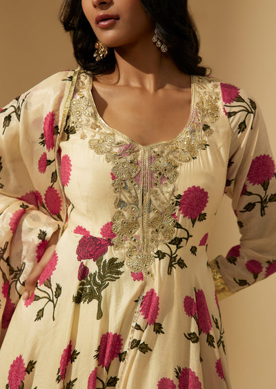 Pink Crepe Floral Printed Anarkali Suit Set With Gotta Work
