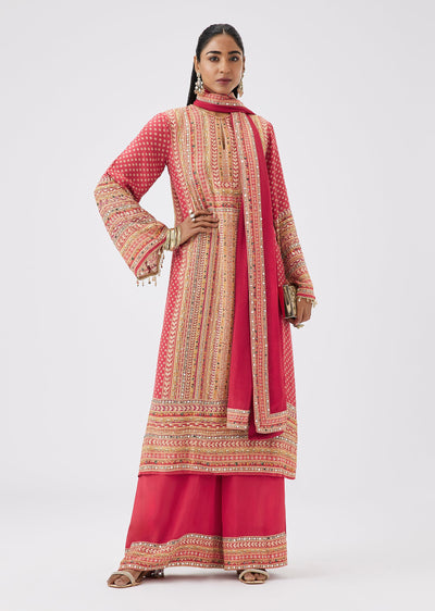 Pink Crepe Indie Print Kurta Set With Sequined Motifs