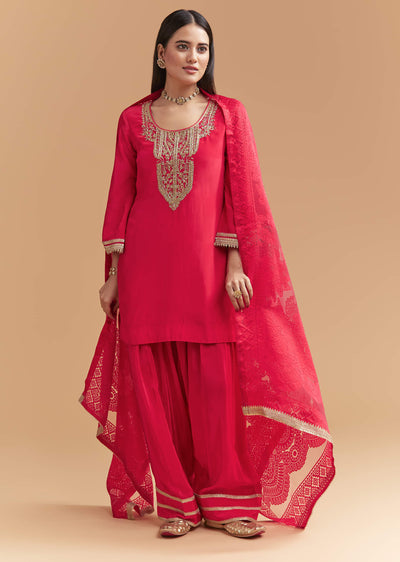 Pink Crepe Kurta Set With Heavy Zardosi Work