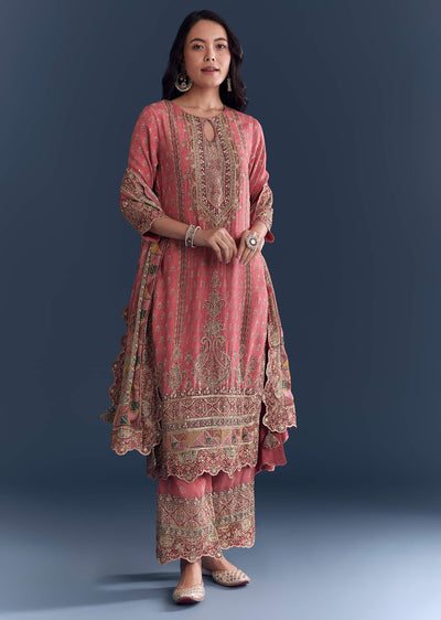 Pink Crepe Kurta Set With Indie Print And Zari Embroidery