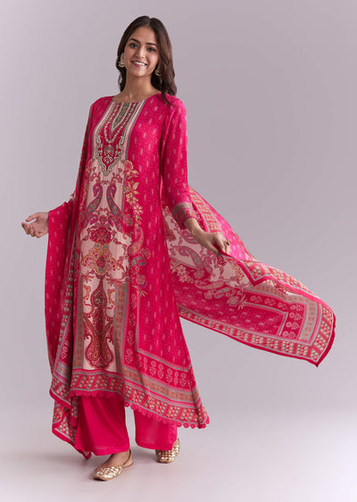 Pink Crepe Kurta Set With Paisley And Floral Print And Embroidery